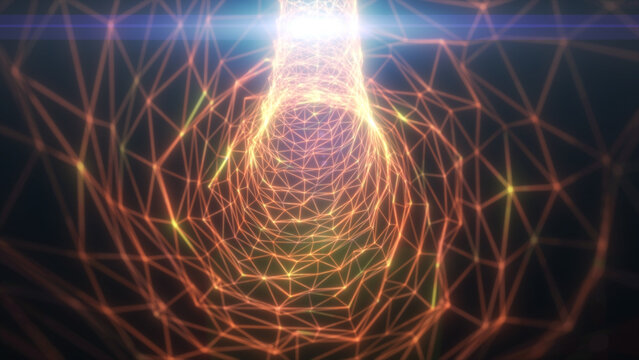 Orange polygon wireframe funnel with connected nodes and bright flare, creating a futuristic digital network tunnel with depth