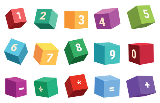 Children cubes with numbers. Plastic toys for mathematic play, teaching toddlers counting. Decorative colorful 3d shapes with math symbols, sapid vector clipart