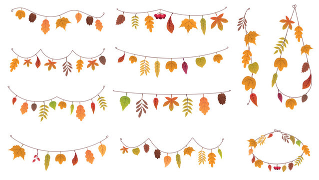 Autumn leaves garlands. Seasonal fall holidays decorations. Dried leaf hanging on rope. Tree elements ornaments, nature decora design, sapid vector set