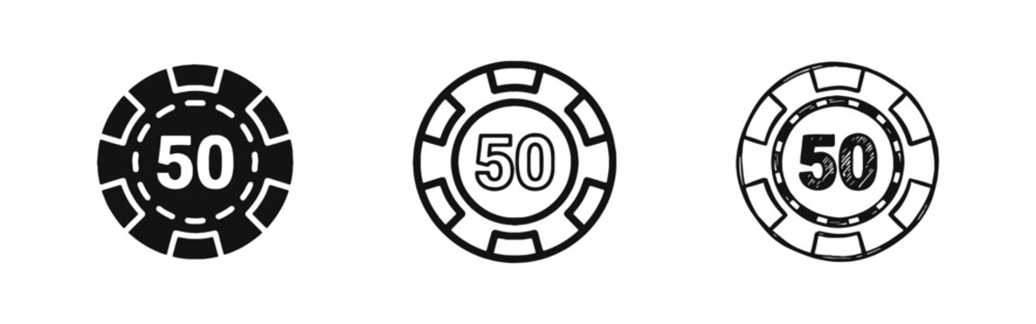 Fifty Value Casino Poker Chip Icon Set - Gambling and Betting Symbol