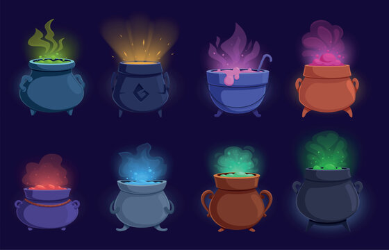 Cartoon witch cauldrons. Boiling cauldron with poison, magic potion. Magician fog or steam, clouds of smoke over fantasy soup in pot, halloween sapid vector elements