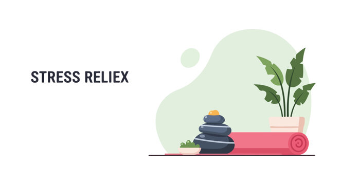 An aesthetic banner for stress relief featuring a rolled pink yoga mat, balanced basalt stones, and a lush green plant on a soft background.
