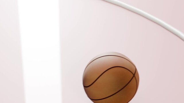 Entering brown basketball rotating, bouncing, settling on stylized studio pink panel with white rod