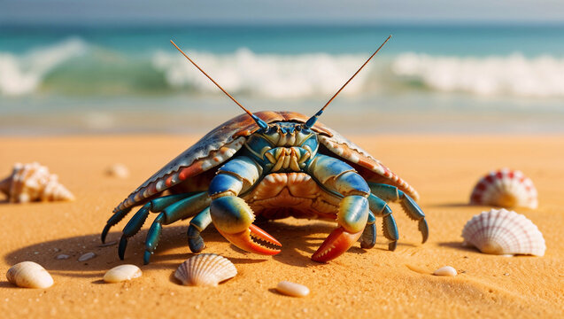 A colorful blue crab on a sandy beach with seashells. The ocean waves gently lap at the shore in the background