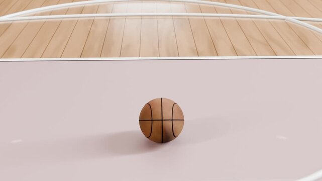 Falling basketball through hoop, bouncing, settling upright at court center after missed shot