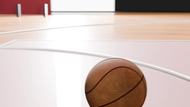 Entering from top basketball descending, bouncing and rolling on hardwood court near painted arc