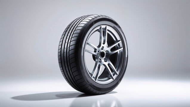 A close-up of a modern car tire with a sleek alloy wheel.