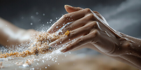 Fototapeta premium Professional spa setting displaying soothing tactile sugar scrubbing with softfocus background