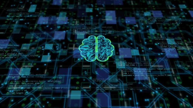 Digital brain artificial intelligence concept showing neural network code, cognitive machine learning algorithm, futuristic cyberspace interface, automated data processing, and computing system