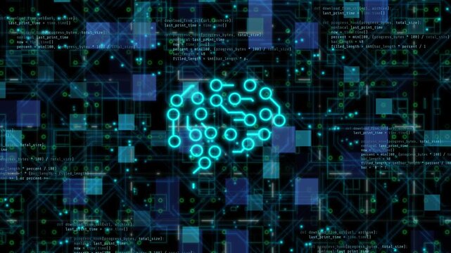 Digital brain artificial intelligence concept showing neural network code, cognitive machine learning algorithm, futuristic cyberspace interface, automated data processing, and computing system