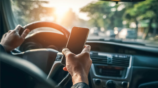 Driver using smartphone while driving car close up, dangerous distraction and road safety concept