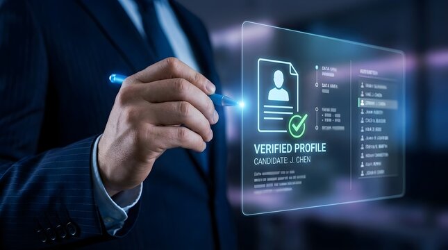 Businessman reviewing a verified candidate profile on a futuristic digital screen, showcasing HR technology and recruitment.