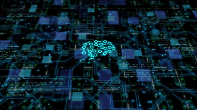 Digital brain artificial intelligence concept showing neural network code, cognitive machine learning algorithm, futuristic cyberspace interface, automated data processing, and computing system