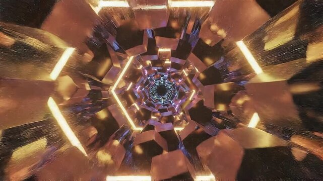 Abstract Geometric Tunnel with Glowing Neon Lights and Textured Walls animation