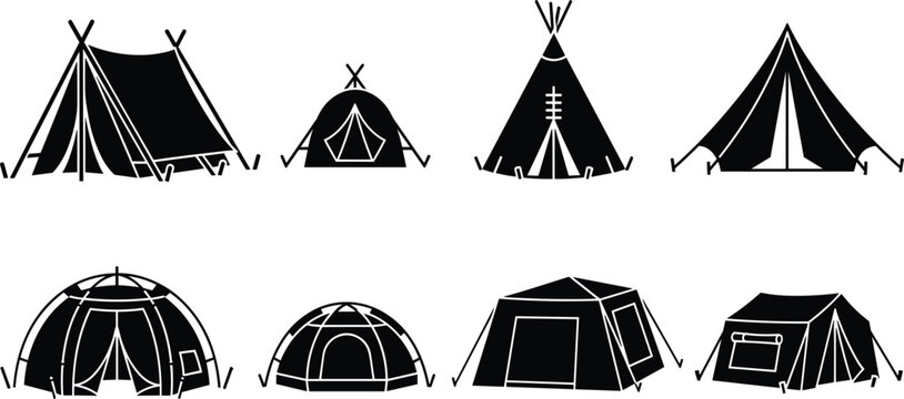 Comprehensive Camping Tent and Outdoor Shelter Silhouette Collection Featuring Traditional Tipi, A-Frame, Modern Dome, and Cabin Style Designs