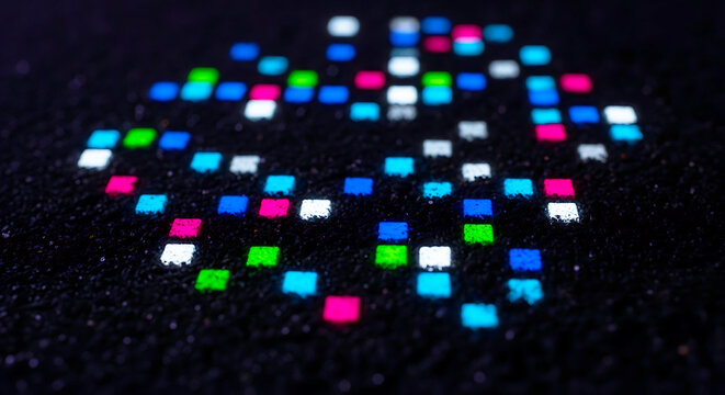 Colorful pixelated keyboard keys with letters and symbols displayed