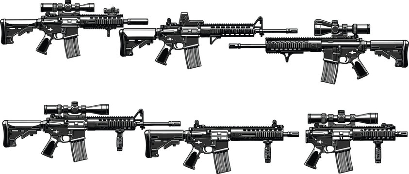Detailed Tactical Rifle and Modern Military Firearm Illustration Set Featuring Various Scopes, Rail Attachments, and Modular Carbine Configurations
