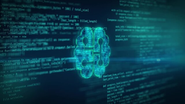 Digital brain artificial intelligence concept showing neural network code, machine learning algorithm, cognitive computing system, futuristic cyberspace interface, and automated data processing
