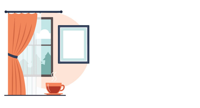 A cozy indoor illustration featuring a window with orange curtains, a blank wall frame, and a steaming cup of tea on a windowsill with white space.