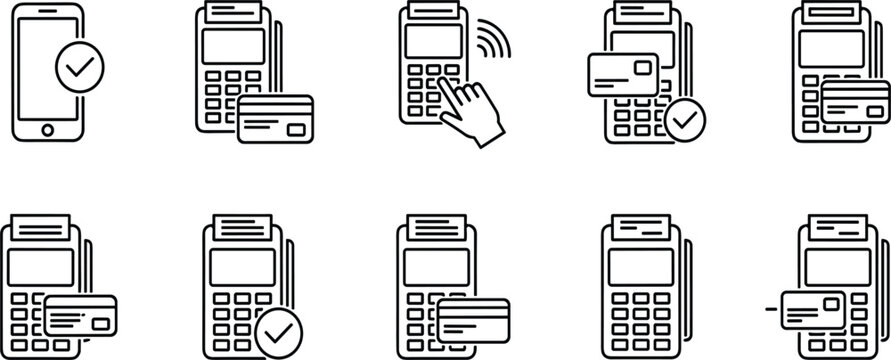 Fintech Payment Terminal Icon Set Featuring POS Machine Outlines, Contactless Credit Card Transactions, and Mobile Wallet Verification Graphics
