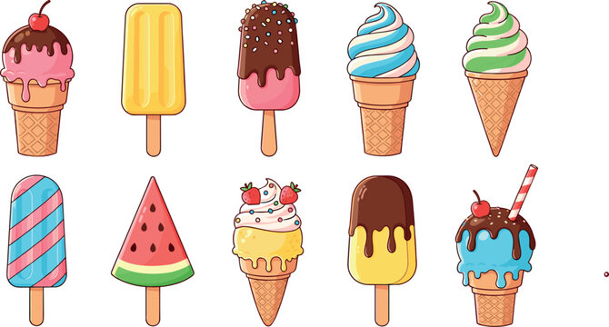 Colorful Ice Cream Cones and Popsicles with Toppings, Perfect for Summer Treats and Fun Desserts