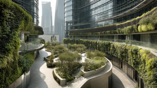 Green architecture, landscaped terraces with trees and green walls in an urban area. Illustrates green building, sustainability, and harmonizing nature in the city.