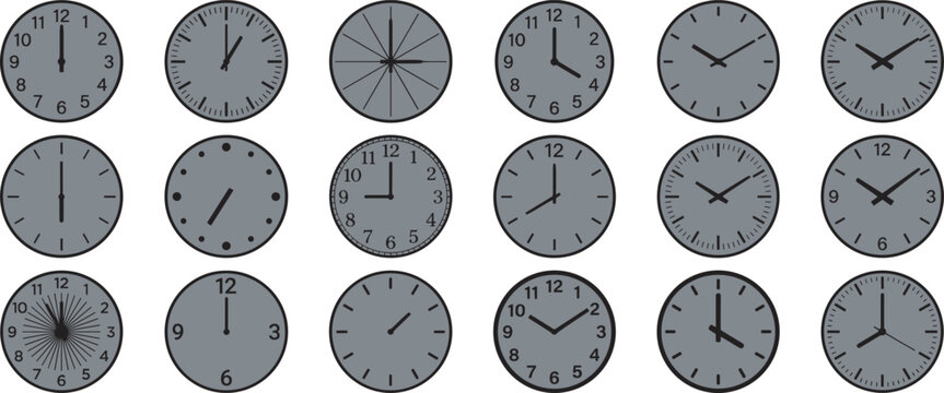 Black silhouette vector illustration of circular clock faces showing different times, decorative patterns