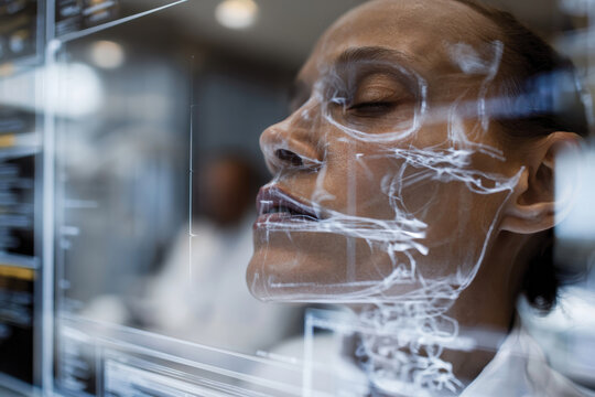 A close-up of advanced imaging technology showcasing a human skull anatomy overlay on a screen, demonstrating the intersection of technology and medical science in modern healthcare.