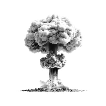 Halftone nuclear explosion in black, dotted mushroom cloud illustration on light background, minimal graphic, war and catastrophe concept.