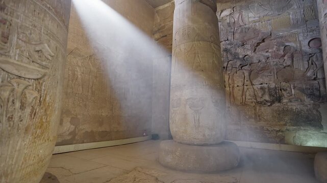 Mystical sunbeam descending from ceiling window through massive papyrus columns inside ancient Abydos temple of Seti I, Upper Egypt, creating dramatic chiaroscuro effect.