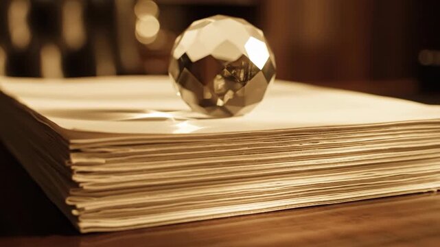 Stack of documents with a crystal paperweight on a wooden table. Zoom in on important paperwork for finance, insurance, and taxes. Office administration concept