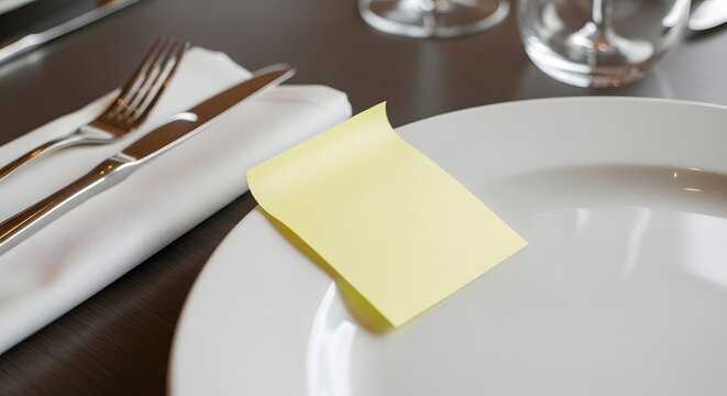 Blank sticky note on a plate with silverware restaurant setting