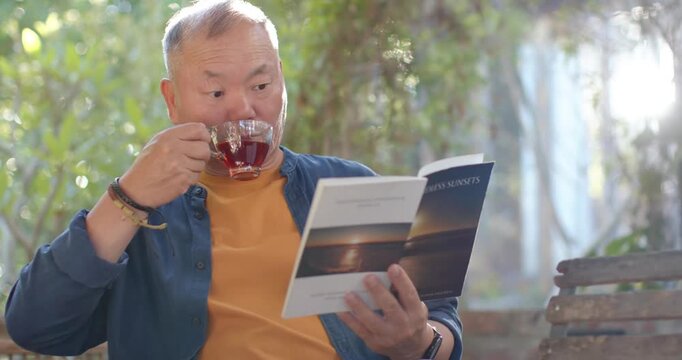 Senior Asian man sitting on bench shaded patio steam urging sipping glass teacup, reading booklet