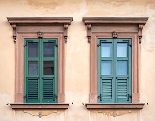 Fototapeta premium Two rectangular windows with green shutters and stone frames on a peach-colored wall