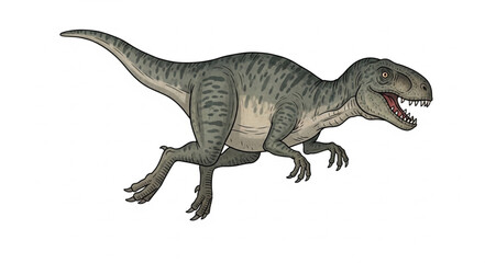 Fototapeta premium A realistic dinosaur toy in a running pose on a white background.