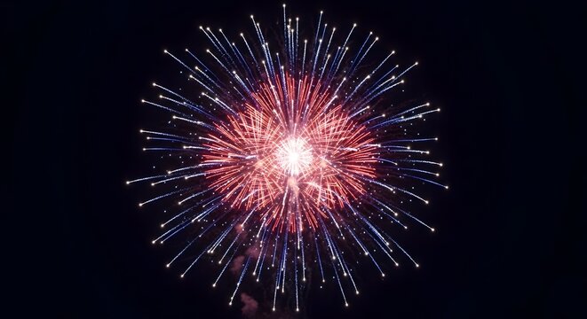 Vibrant red and blue fireworks exploding in night sky on 4th of July celebration with American theme