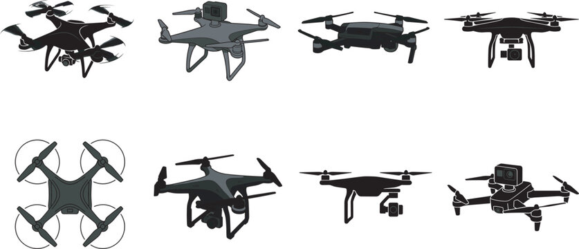 Black silhouette vector illustration of quadcopter drones with four propellers and cameras