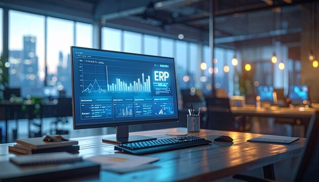 "Modern office with large windows at dusk, desk computer showing ERP interface with charts and graphs, papers and keyboard, professional business technology setting."