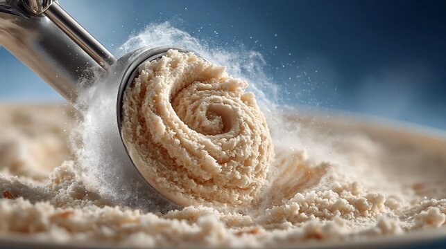 Metal scoop forming a swirl of almond paste ice cream with frost