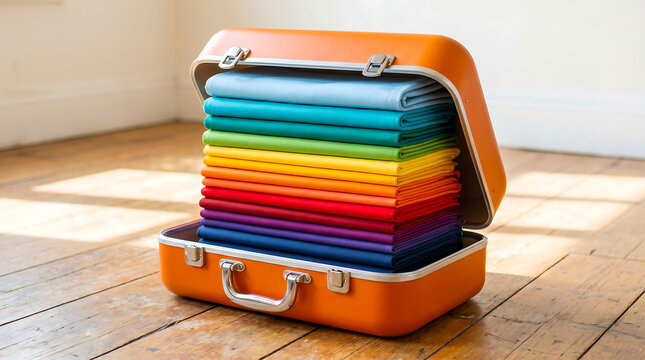 Colorful folded fabric swatches neatly packed in a vintage leather suitcase