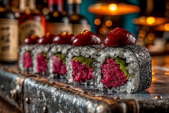 Salted plum umeboshi sushi rolls served in a moody bar setting