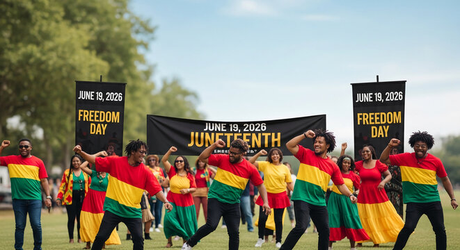 People in colorful attire celebrating freedom, with banners marking Juneteenth and Freedom Day, symbolizing liberation and cultural pride