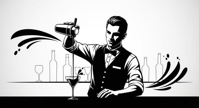 Bartender Pouring Alcoholic Drink with Cocktail Shaker.
