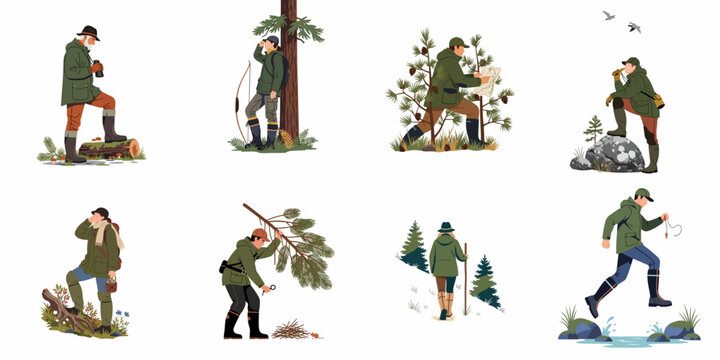 Vector illustration set of hunters and rangers engaged in various outdoor activities like tracking, scouting, and navigating in the forest.