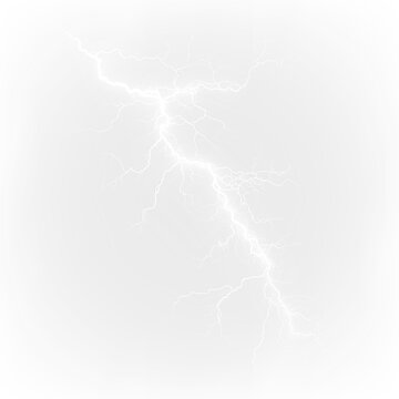 White lightning bolt isolated on transparent background with detailed branches and sharp edges, light overlay, PNG