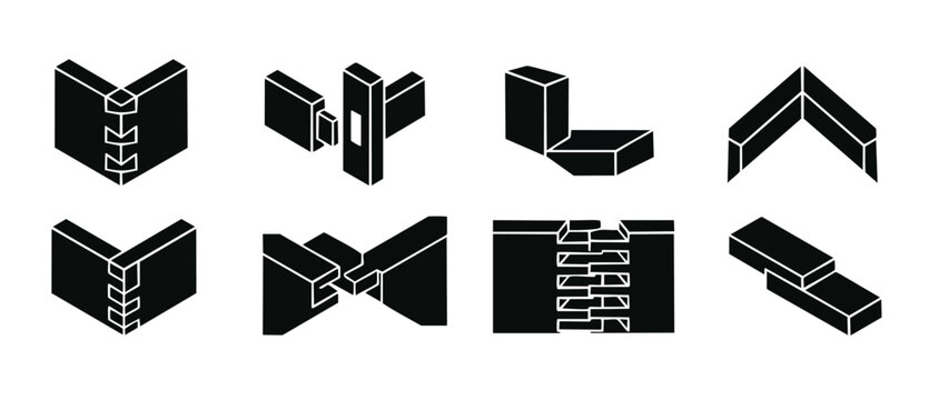 Woodworking Joinery Joints Icons Set: Dovetail, Mortise, Tenon, Miter, and Butt Joints for Carpentry Projects, Architectural Construction, and Furniture Making Manual Diagrams Vector Illustration Desi