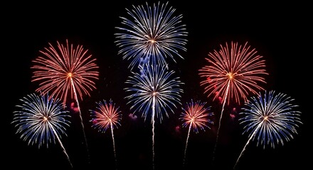 Fototapeta premium Vibrant red, White, And blue fireworks exploding in the night sky on 4th of July, Celebrating American Independence Day with a stunning display of colorful pyrotechnics
