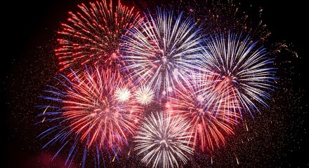 Vibrant red, White, And blue fireworks exploding in the night sky on 4th of July celebration, Perfect for American Independence Day festivities and patriotic events