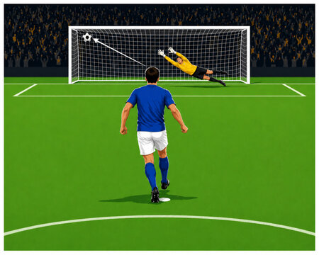 Football Penalty Kick Scene with Goalkeeper Diving Opposite Direction