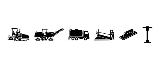 Road Construction Equipment Icons Set - Paver, Milling Machine, Water Truck, Screed and Compactor Tools for Civil Engineering, Asphalt Paving, Highway Maintenance and Infrastructure Building Projects © Fernando